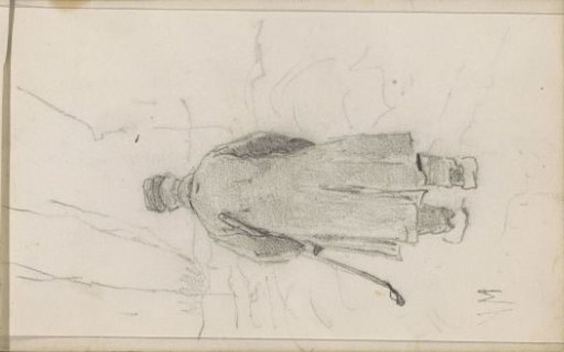 Shepherd with a staff walking behind a flock of sheep