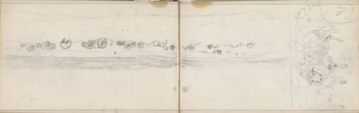 Landscape with grazing sheep and a flock of sheep