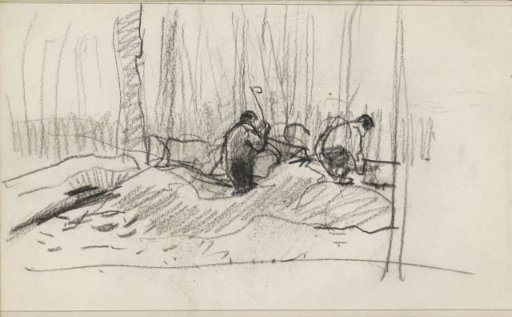 Woodcutters cutting a felled log into pieces