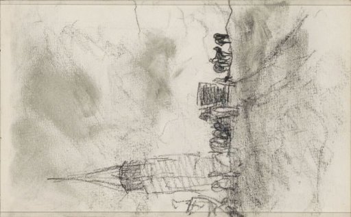 Riders and a horse-drawn cart by a tower on a hill