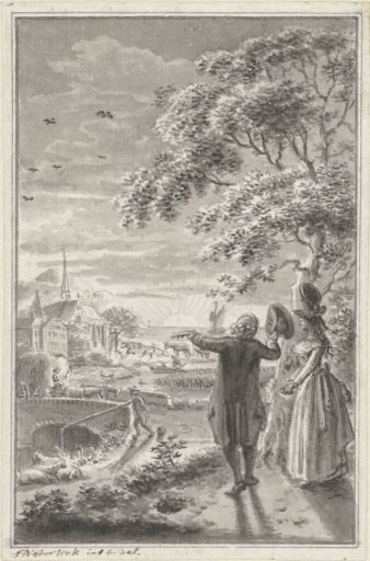 Man and woman in a landscape with sunset