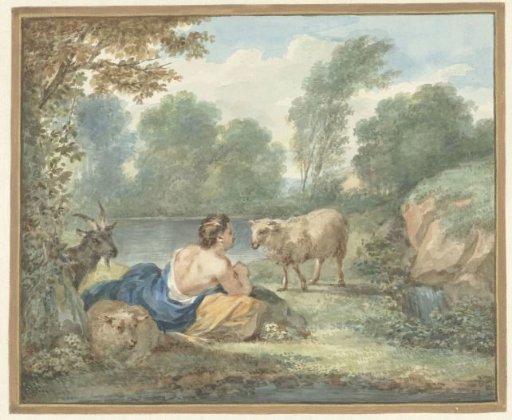 Shepherdess with sheep in a landscape with a small lake