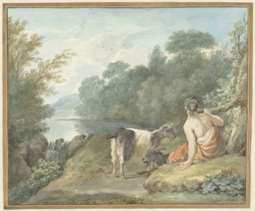 Shepherdess with goats in a landscape with a lake