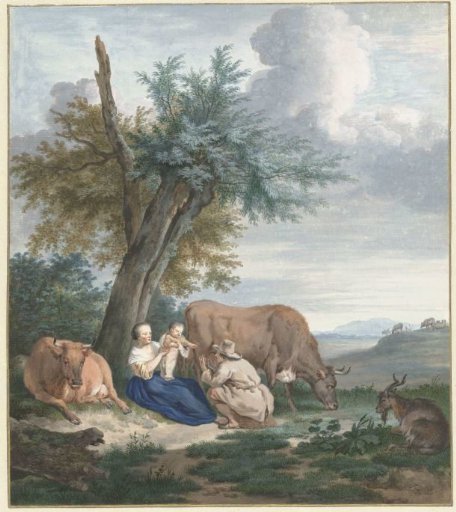 Peasant woman and man with child in a landscape with cattle