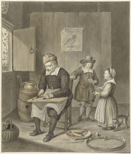 Interior with man cleaning fish and two children
