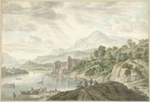 Hilly landscape with a castle on a river