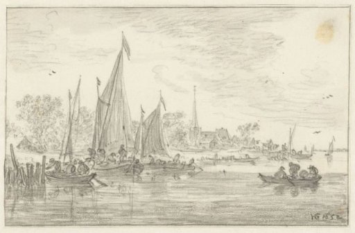 Riverbank with three sailing ships