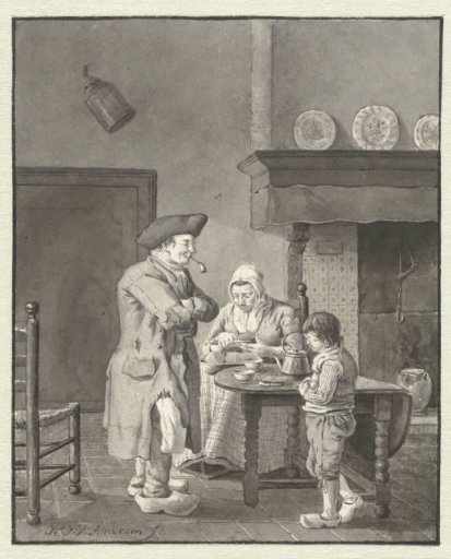 A mother cutting bread for her husband and son