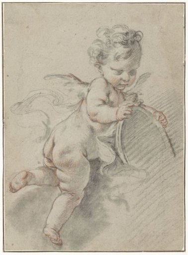 Zwevende putto met een toiletspiegel
