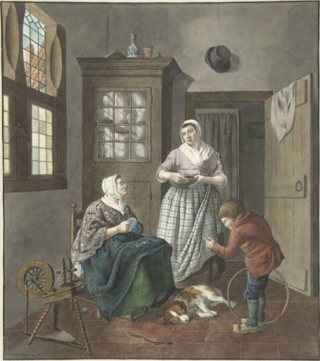 Interior with a Sewing Woman, Maid, and Playing Boy
