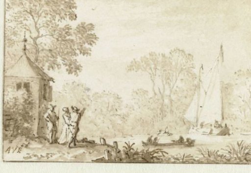 Landscape with three figures on the bank of a waterway