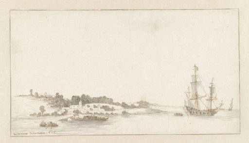 Ship and several skiffs near a village on the coast