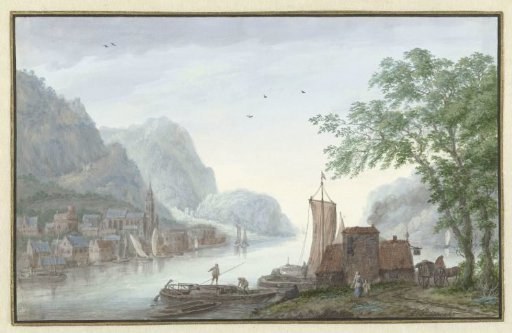 Mountainous landscape with a view of a village on a river