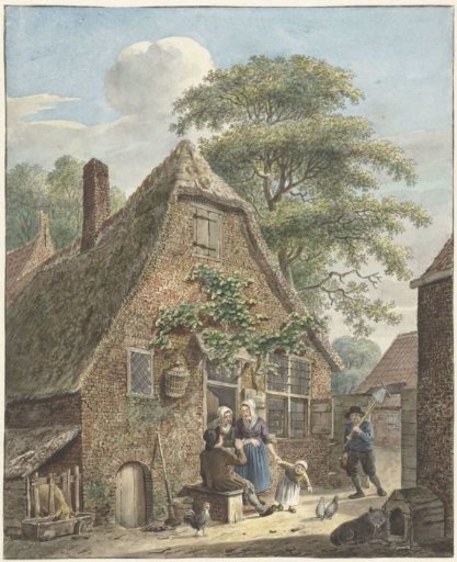Family in front of a farmhouse