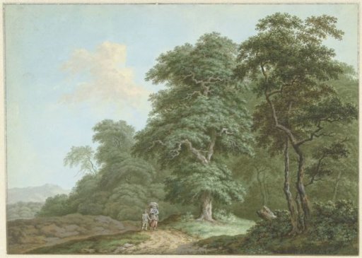 Landscape with a woman and a little boy on a country road