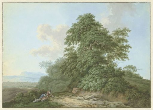 Landscape with resting travellers by a road