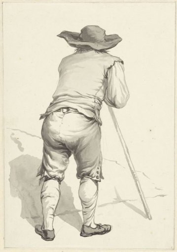 Man leaning forward on a staff, seen from the back