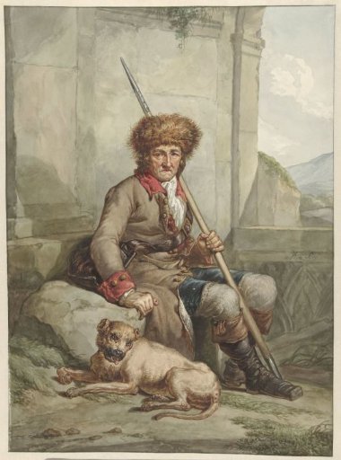 Seated hunter with fur cap, spear and game bag