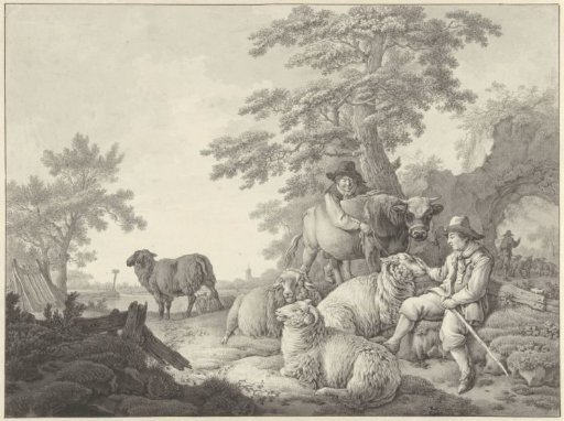 Shepherd with sheep and a boy with a young bull in a landscape