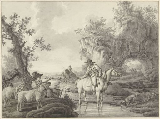 Landscape with a shepherd and a rider by a pool