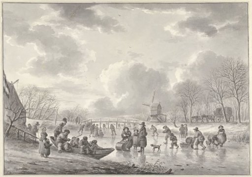 Winter amusement on a canal near a mill