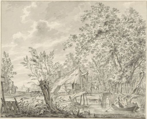 Landscape with a small bridge and a woman in a boat