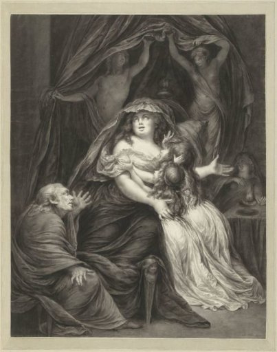 Seated old man beside distressed mother with two daughters