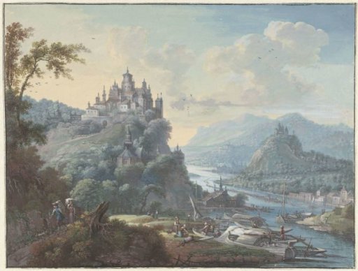 River landscape with a town on a hilltop