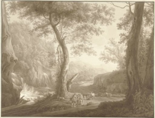 Mountain landscape with a goatherd and a traveller