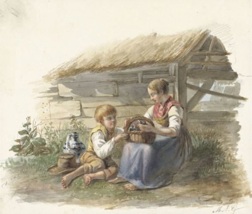 Girl and boy with a basket of young birds