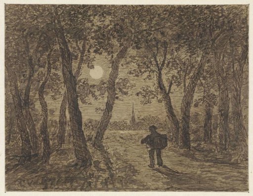 Man walking out of a forest by moonlight
