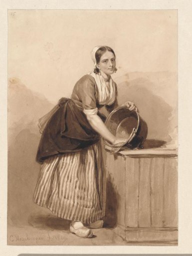 Young woman cleaning a copper basin