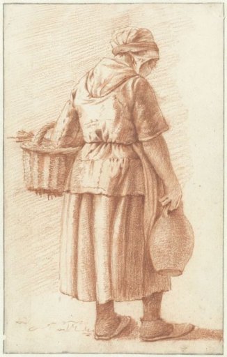 Standing woman with basket, seen from behind
