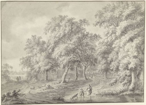 Landscape with mother and child with a dog wading through a pool