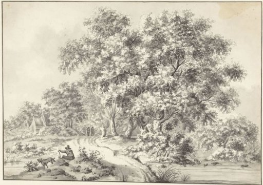 Landscape with a seated man with a dog and walkers on a country road