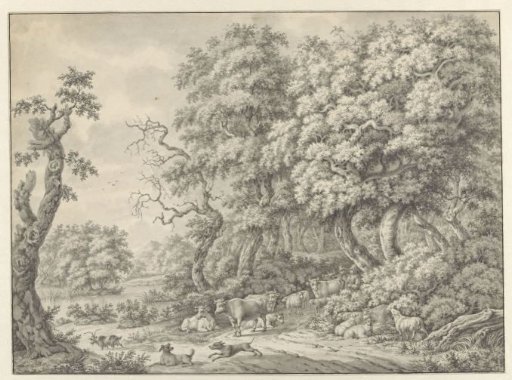 Forest landscape with cattle and two shepherds