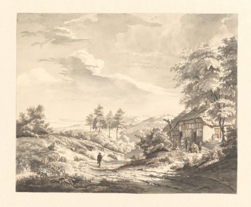 Hilly landscape with figures at an inn