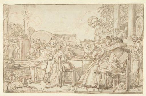 Merry company at table in the open air