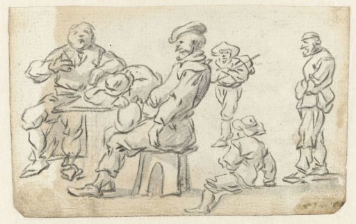 Three peasants at a table and three other figures