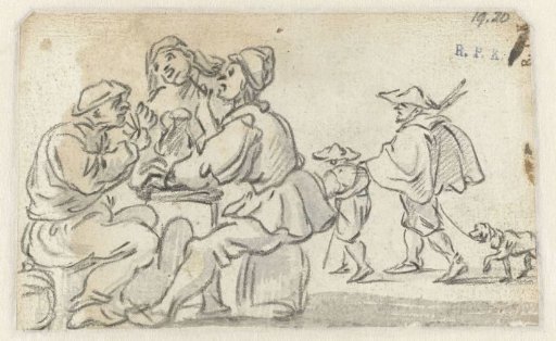 Three peasants at a table and a man with a dog accompanied by a boy