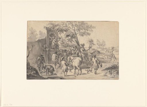 Rest during the falcon hunt, by a Bacchus fountain