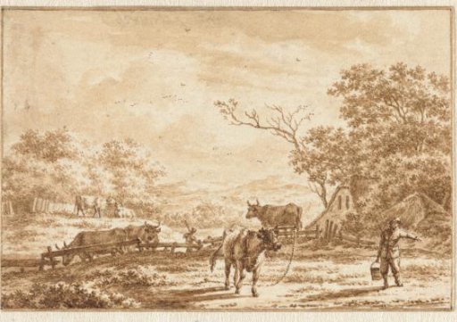 Landscape with cattle and a farmer with a bucket