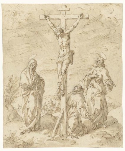 Christ on the Cross between Mary and John the Evangelist; at the foot of the Cross St. Francis