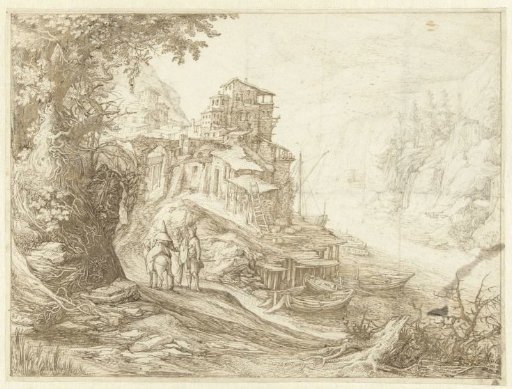 Mountain landscape with river, houses on a rock and figures