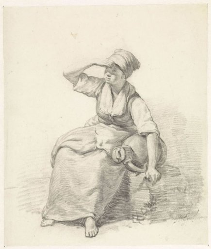 Seated woman with milk can