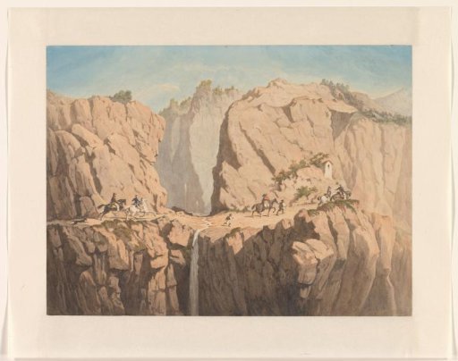 Travel party in a mountain landscape with waterfall, possibly the Pyrenees