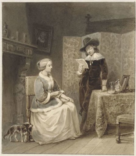 Historical interior with a seated woman and a standing, reading man