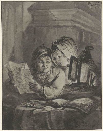 Two reading children with a lantern
