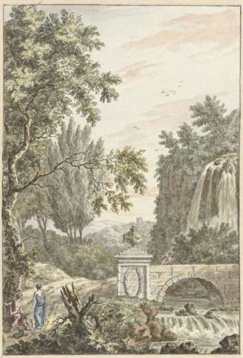 Arcadian Forest Landscape with a Waterfall, a Bridge and Three Young Men