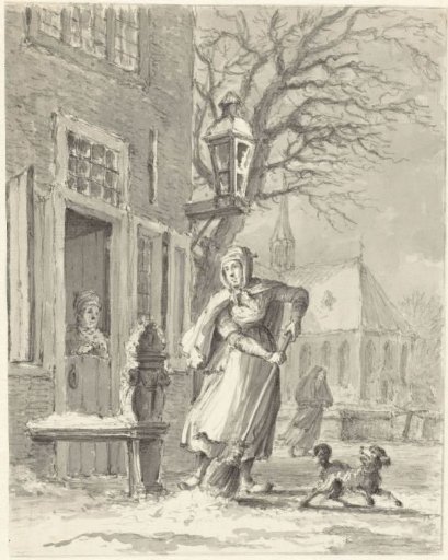 A maid clearing snow in front of a house